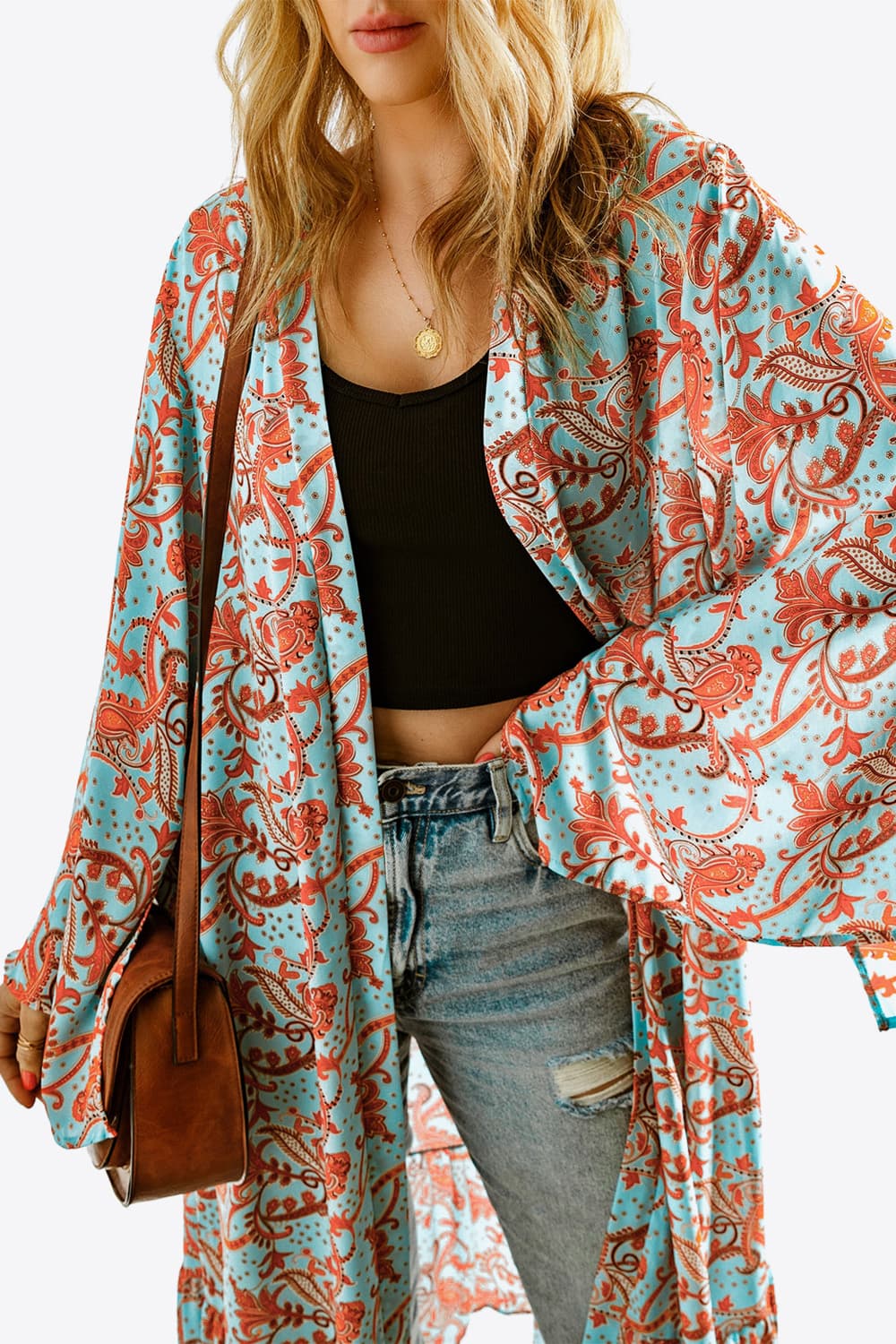 printed open front duster cardigan