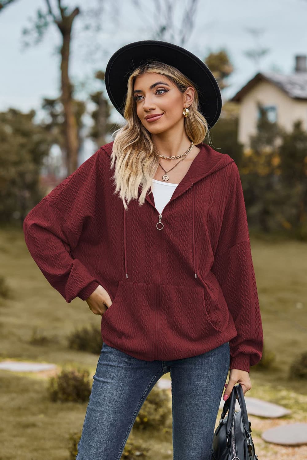 cable-knit long sleeve hooded jacket