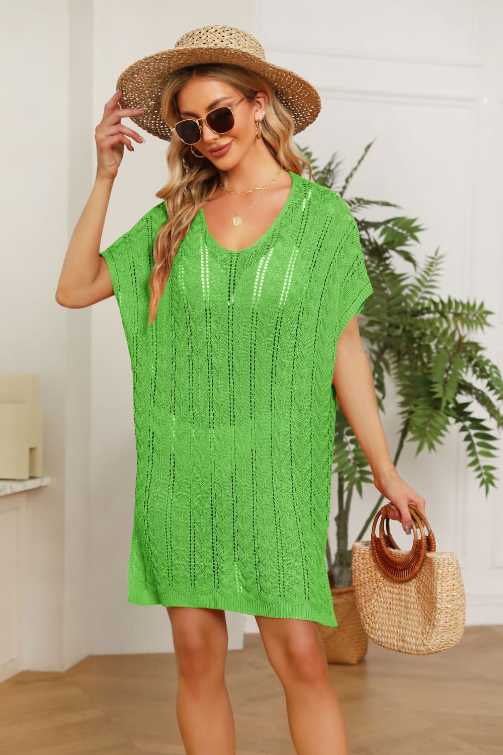 openwork side slit knit dress