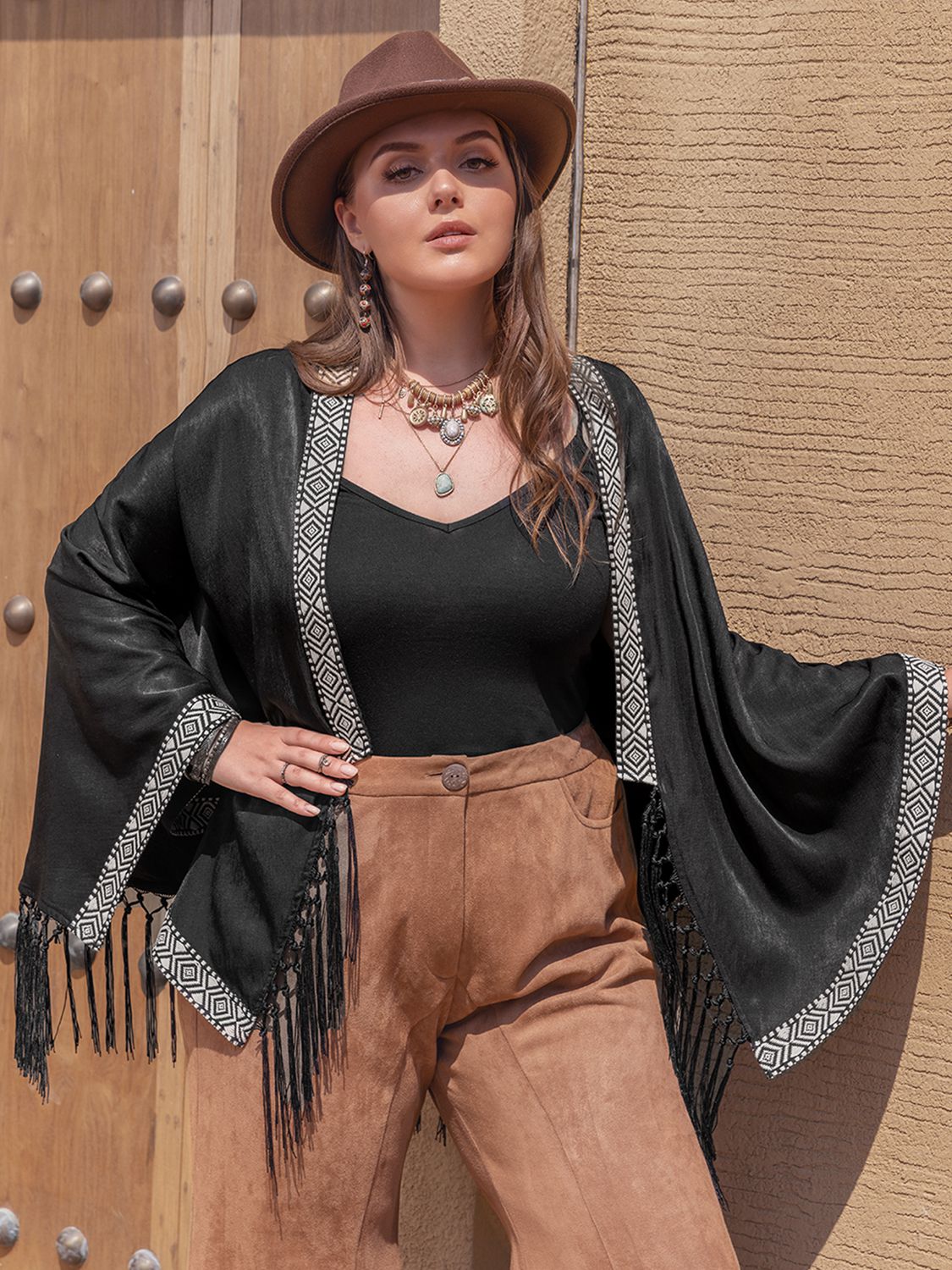 plus size geometric open front fringe hem cardigan