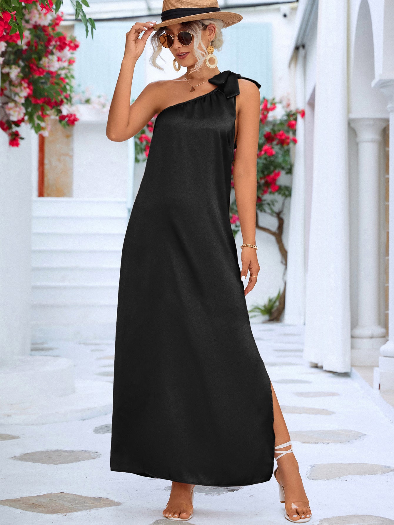 one-shoulder slit maxi dress