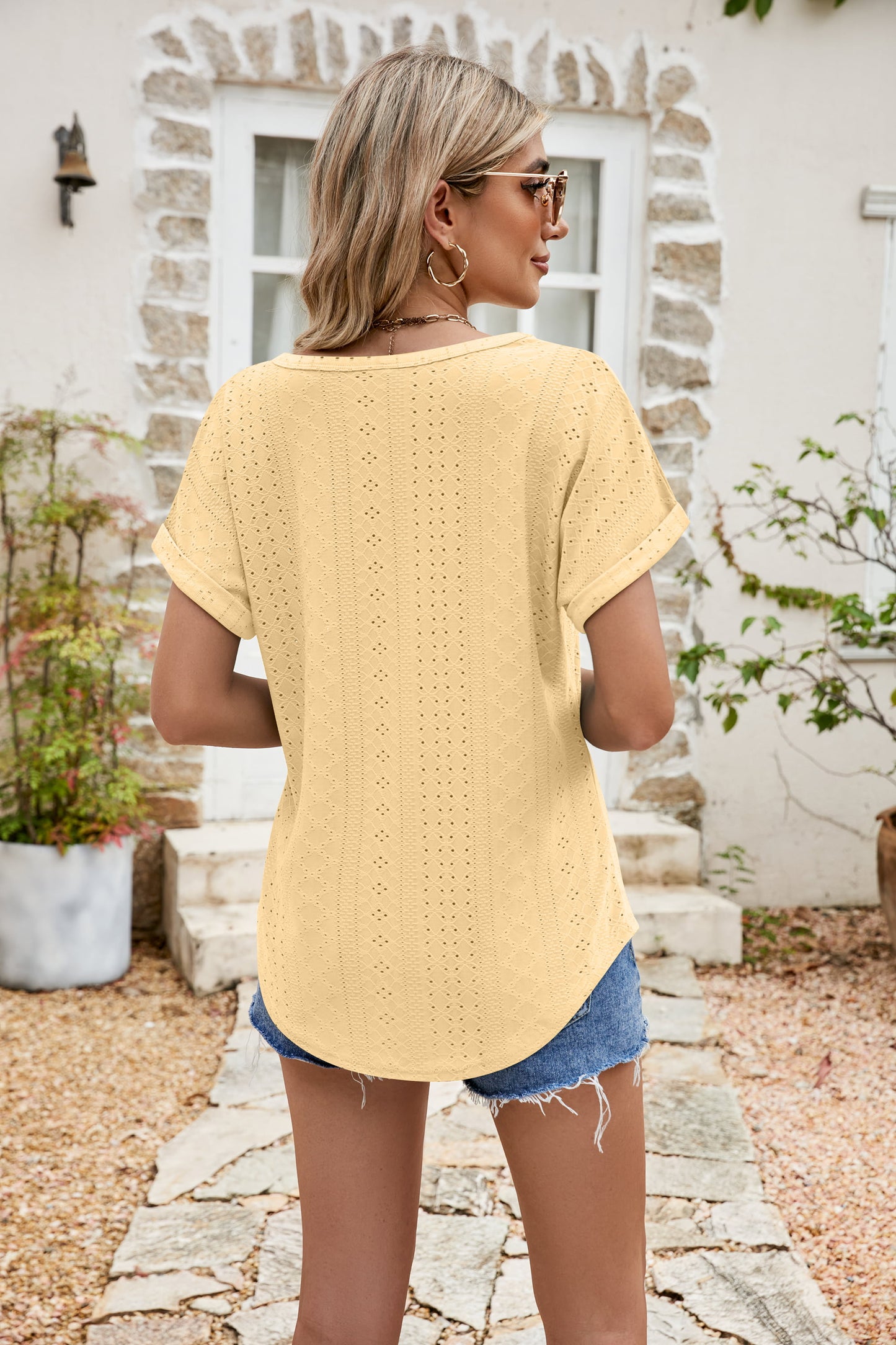 full size round neck eyelet short sleeve top
