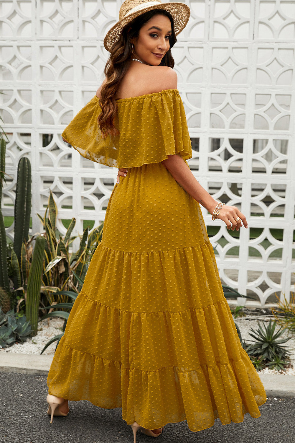 swiss dot off-shoulder tiered maxi dress