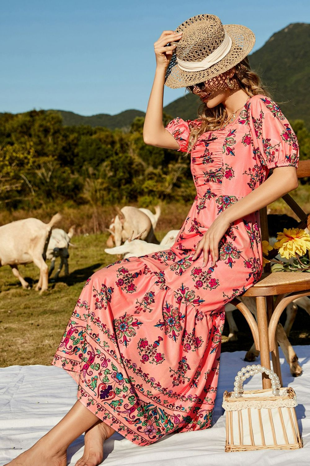 floral ruched puff sleeve tiered maxi dress