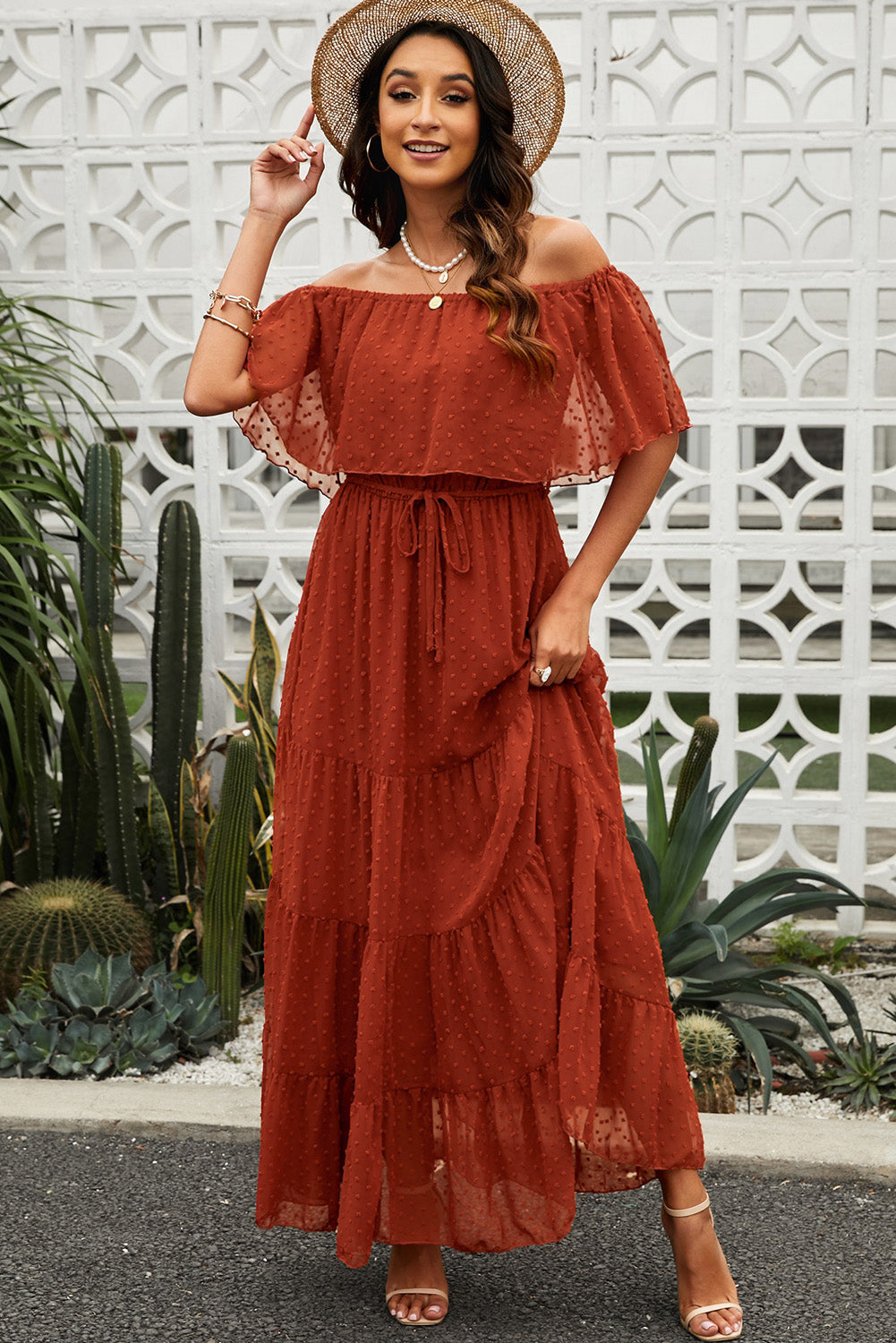 swiss dot off-shoulder tiered maxi dress