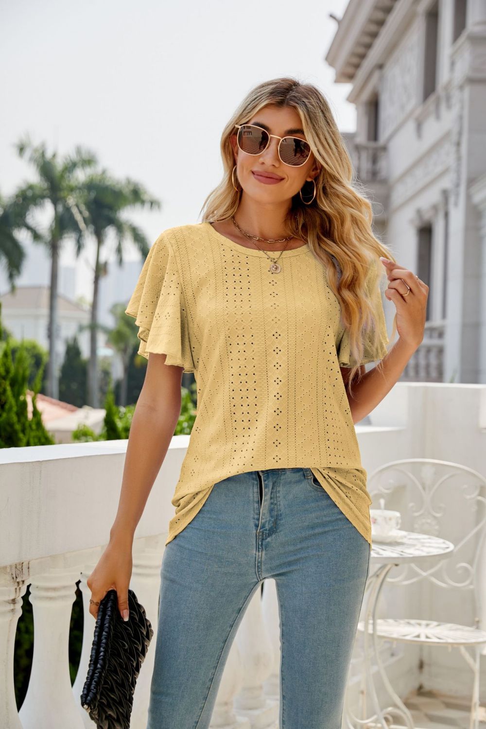 eyelet flutter sleeve round neck top