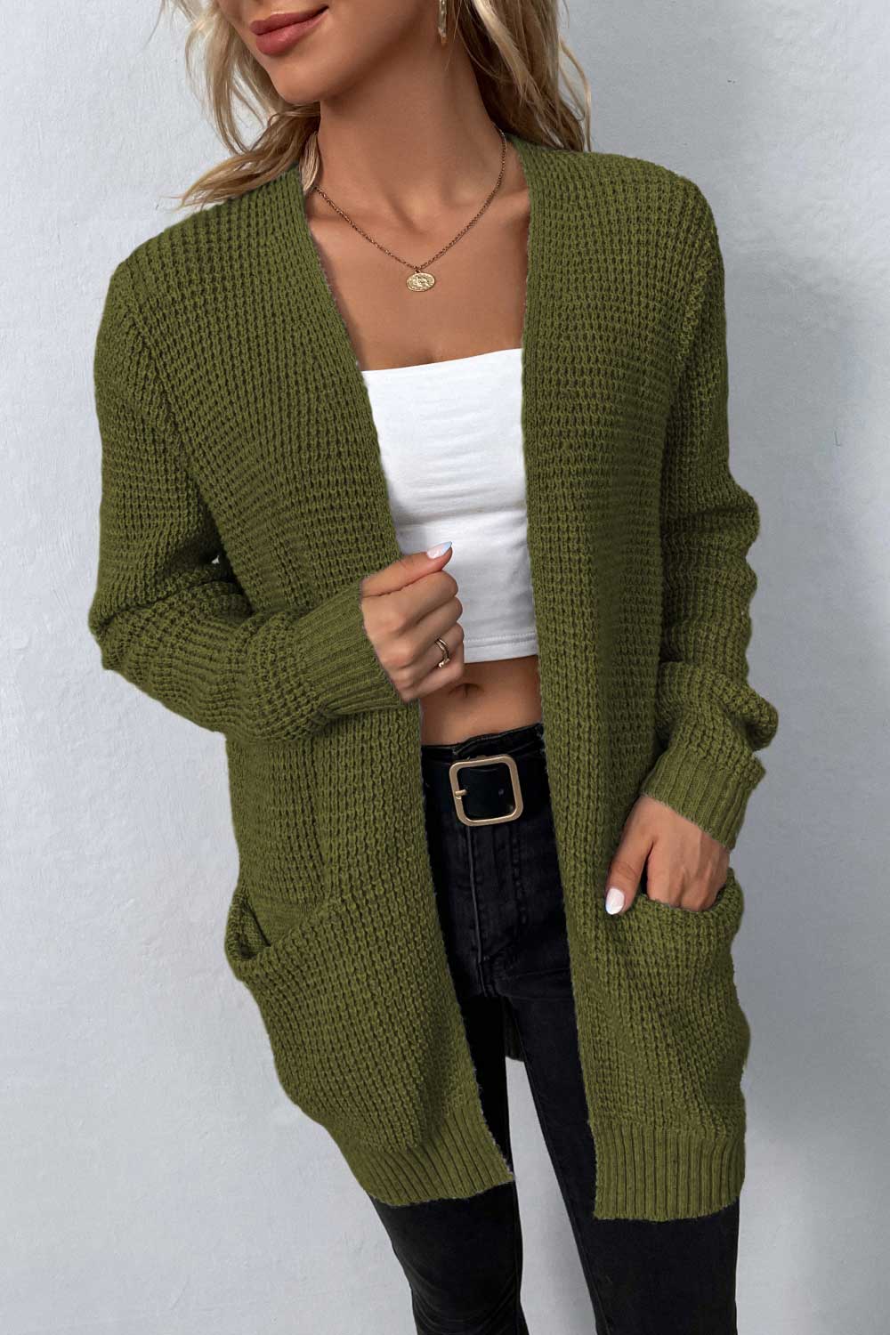 rib-knit open front pocketed cardigan