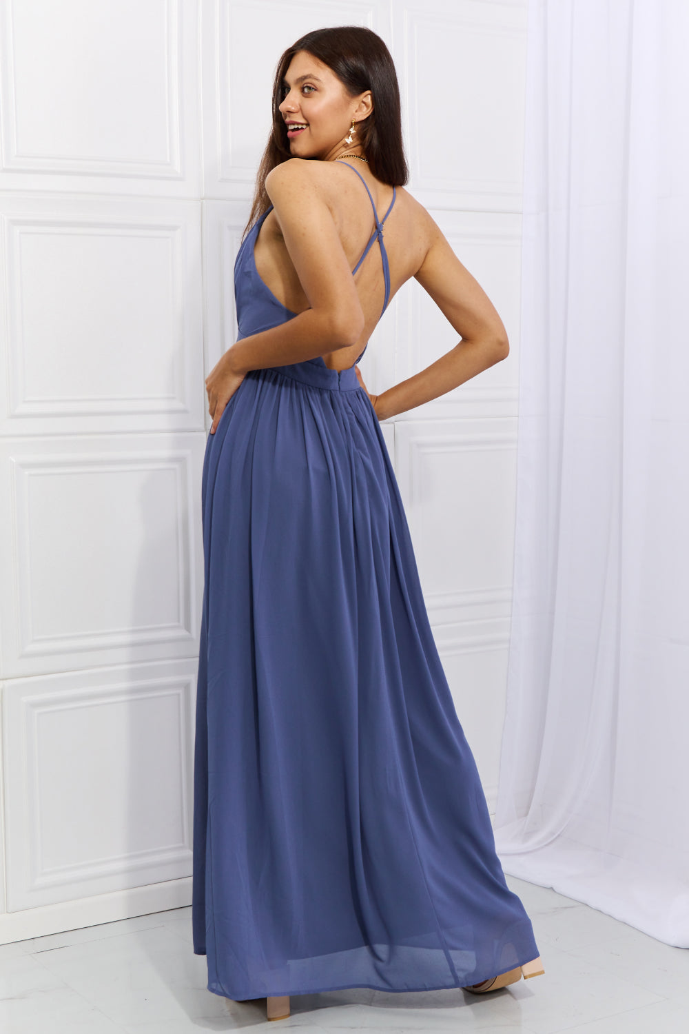 onetheland captivating muse open crossback maxi dress