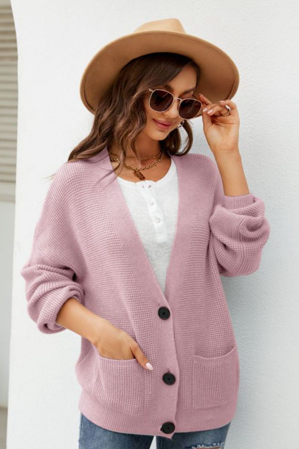 waffle-knit dropped shoulder cardigan