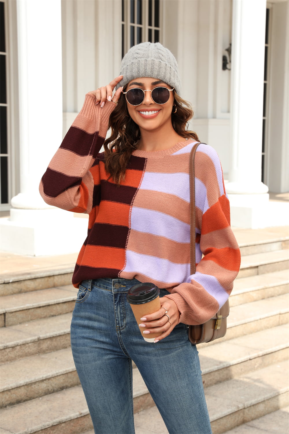 round neck long sleeve color block dropped shoulder pullover sweater