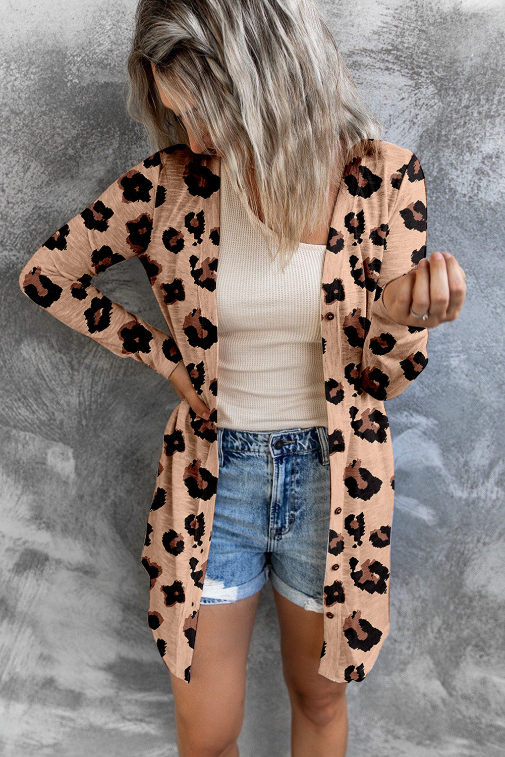 printed button front longline cardigan