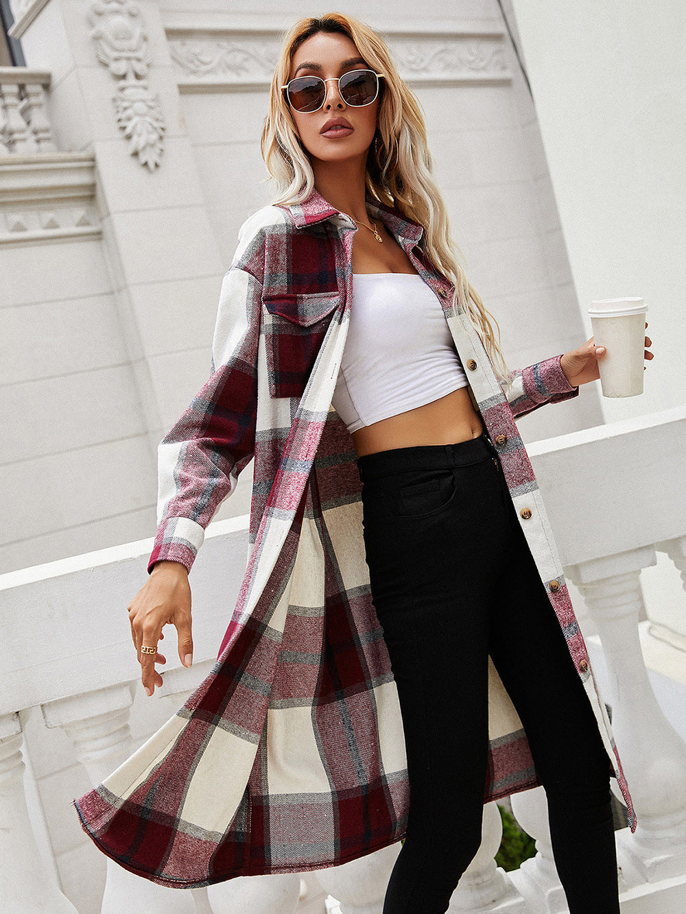 plaid longline shirt jacket