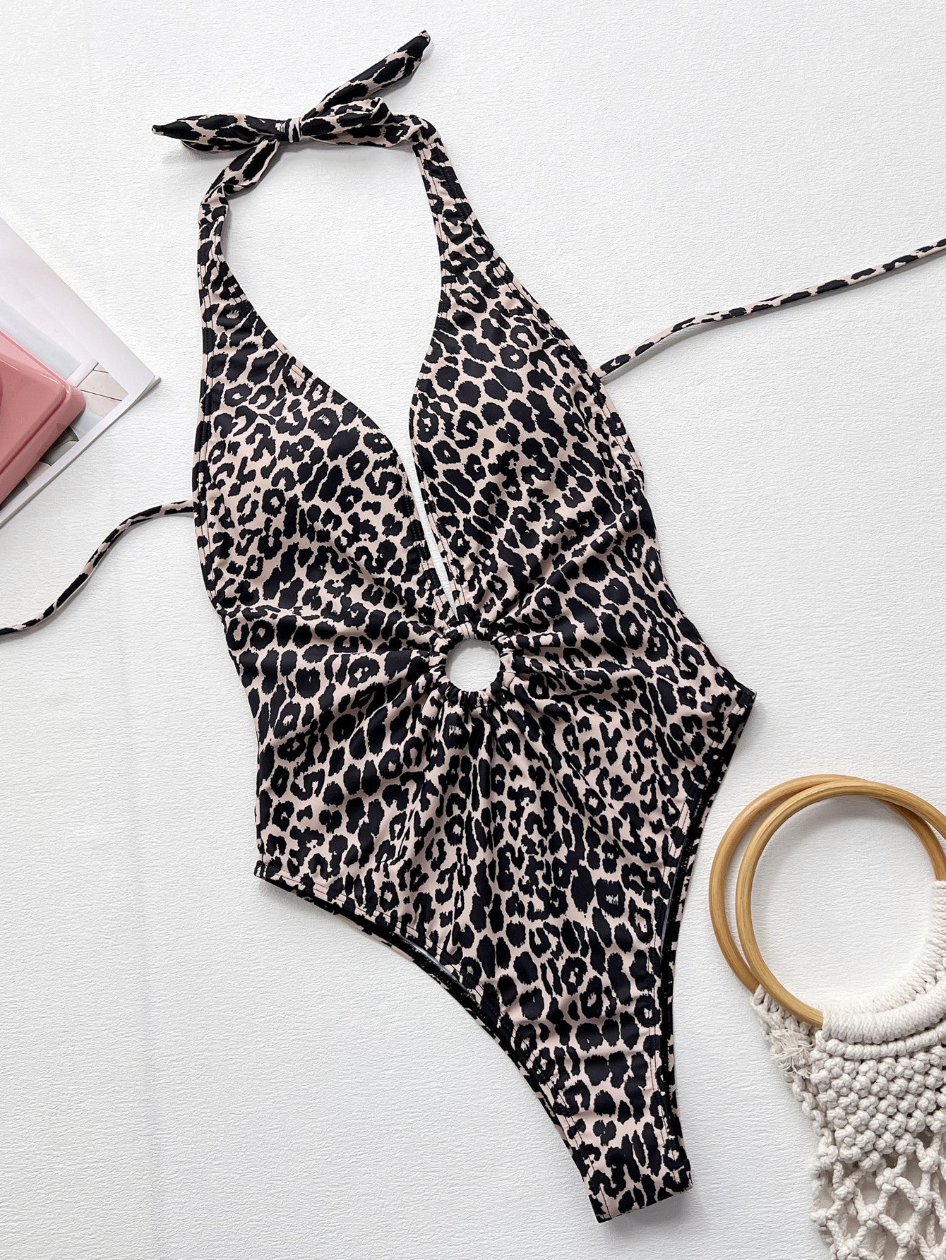 leopard halter neck ring detail one-piece swimsuit