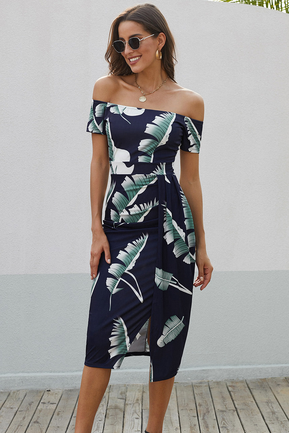 printed off-shoulder split dress