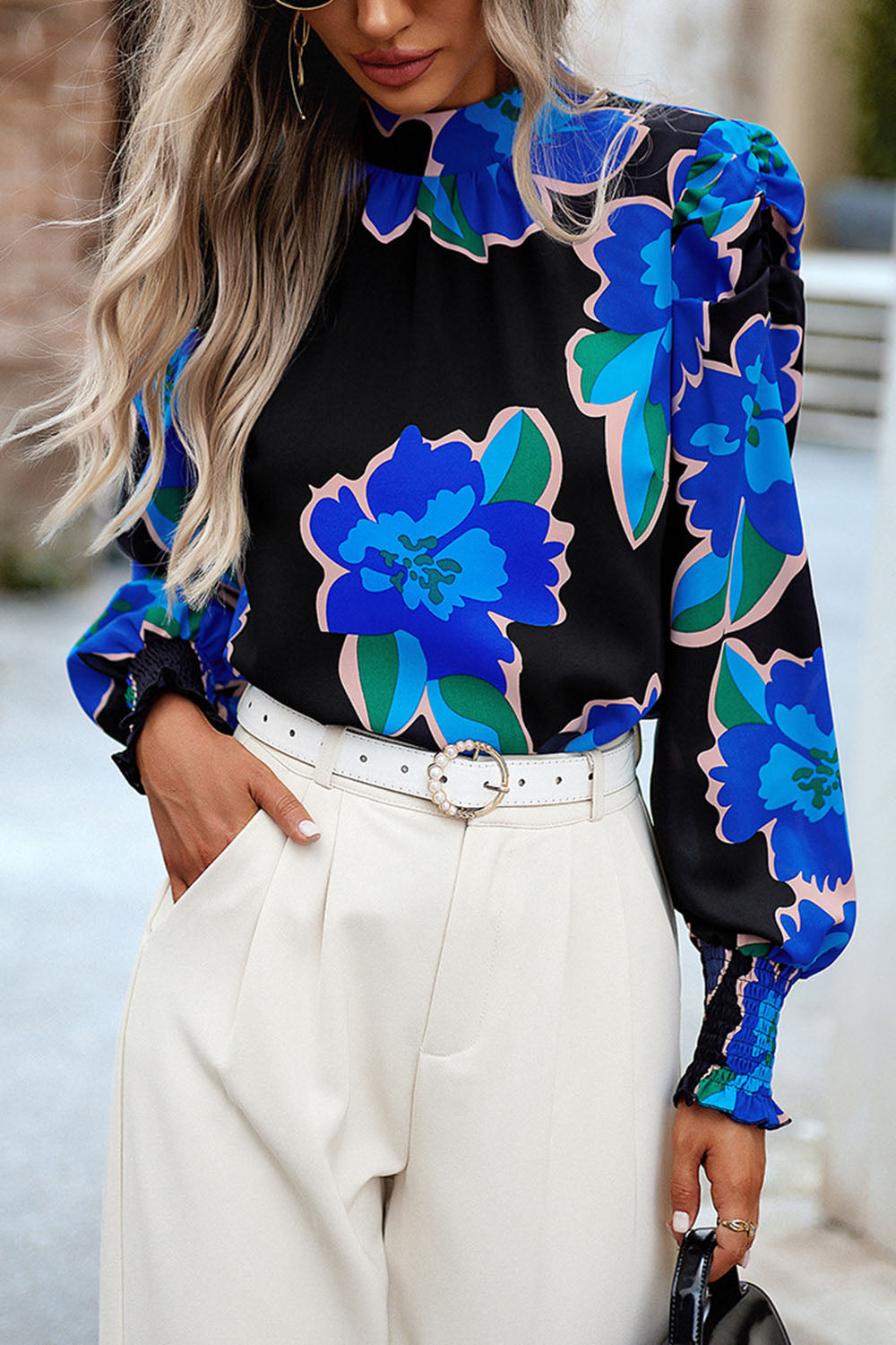 printed smocked puff sleeve blouse