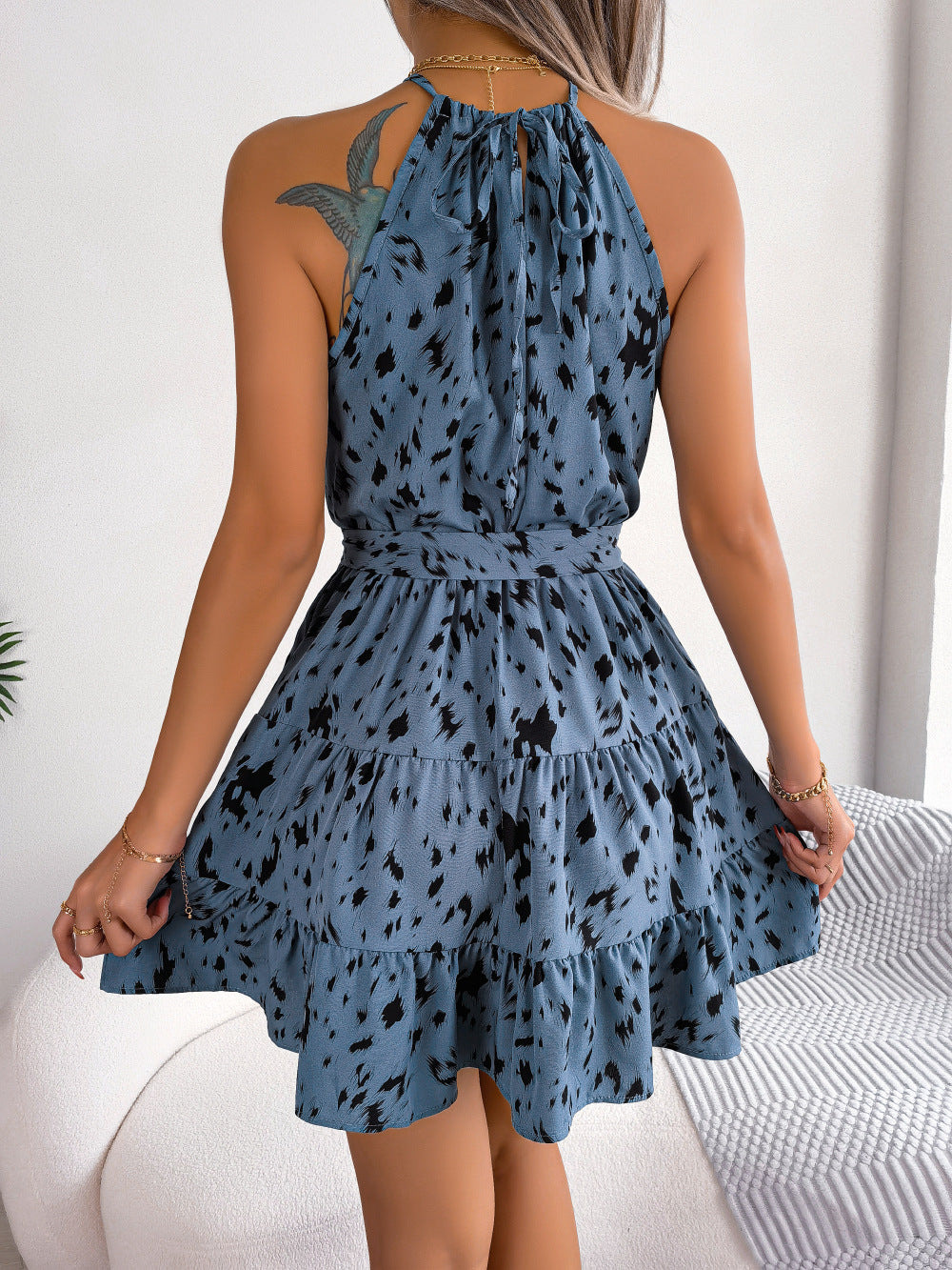 halter neck printed tie waist sleeveless mini dress