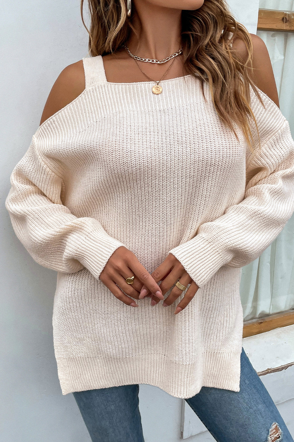 ribbed cold shoulder long sleeve knit top