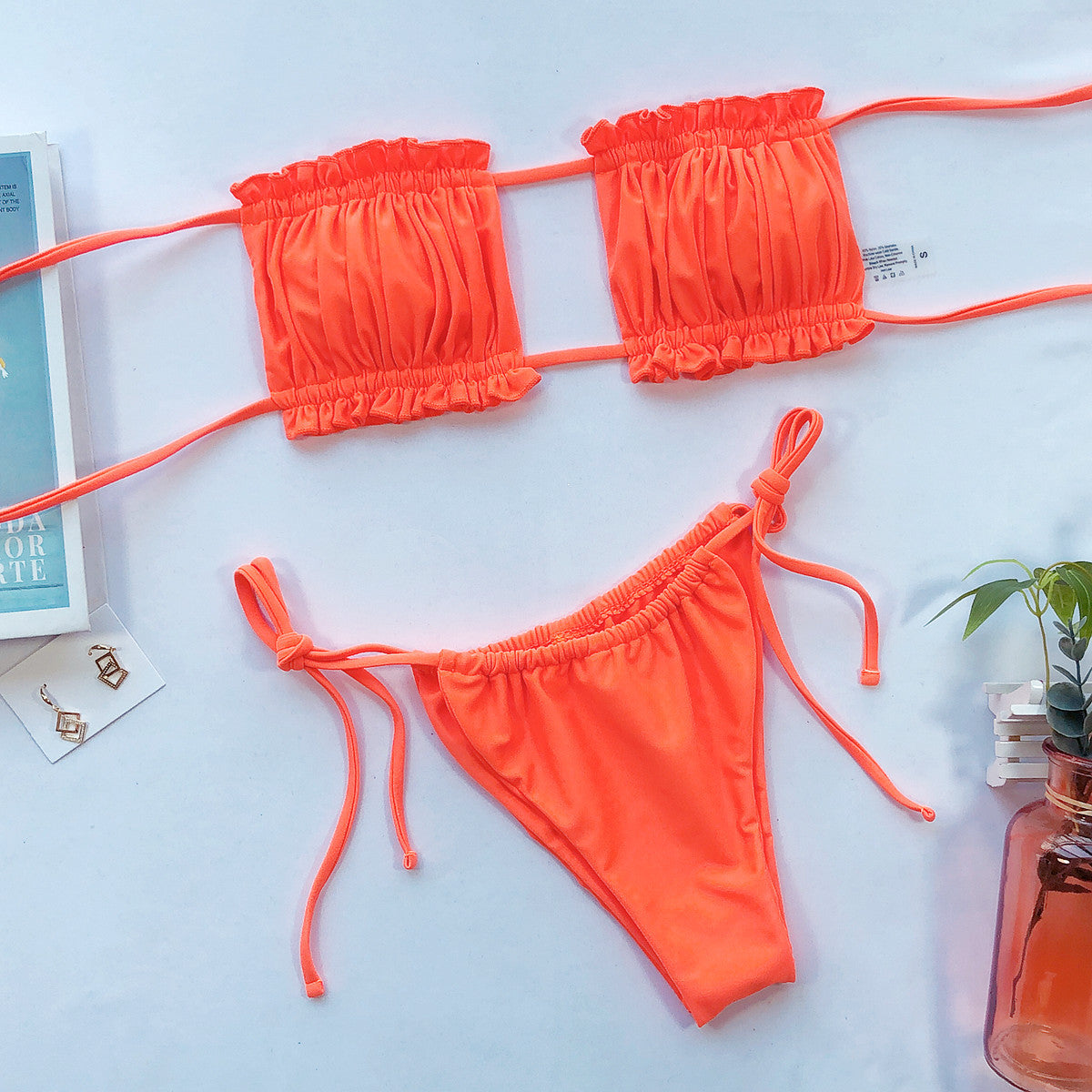 frill trim ruched bikini set