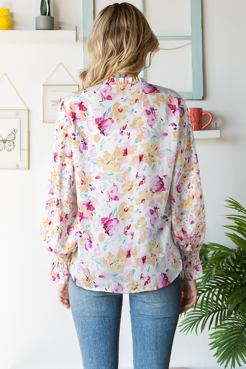 floral frill trim tie neck flounce sleeve blouse