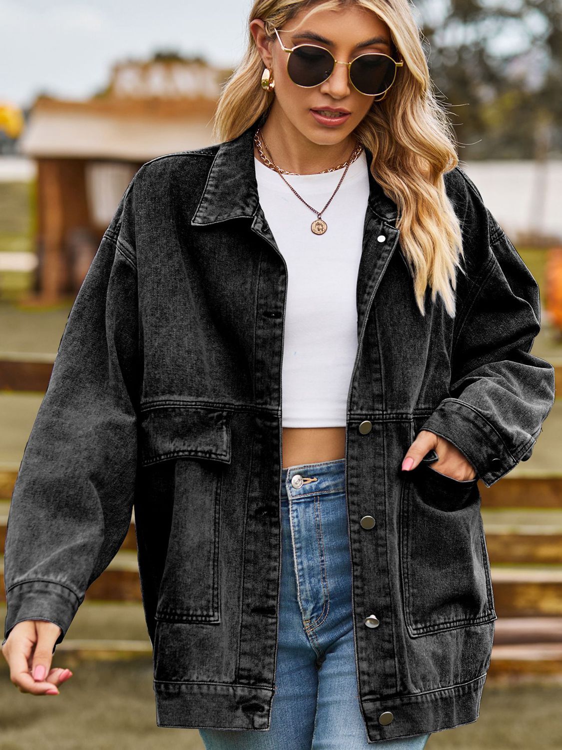 dropped shoulder denim jacket with pockets