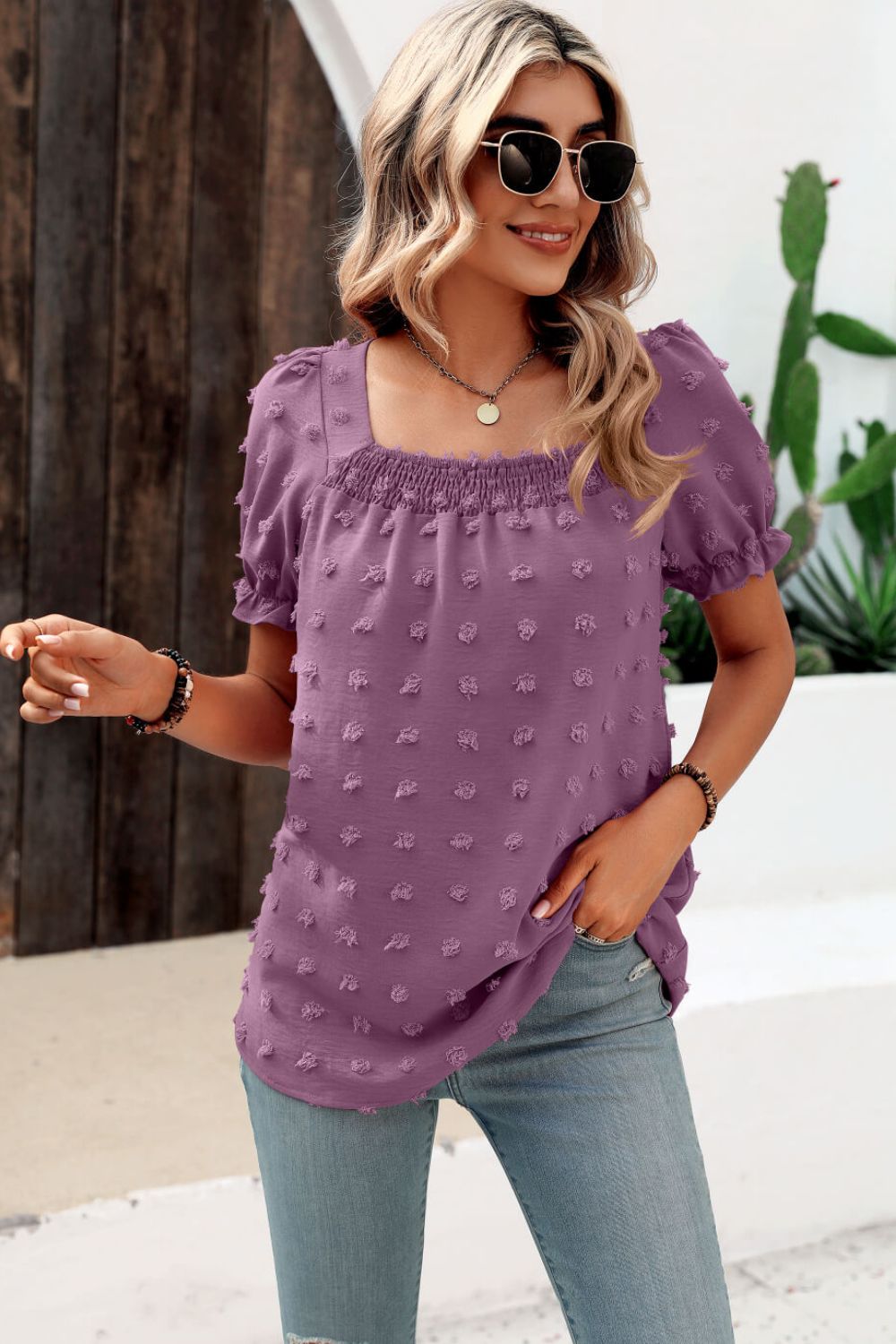 swiss dot puff sleeve square neck blouse