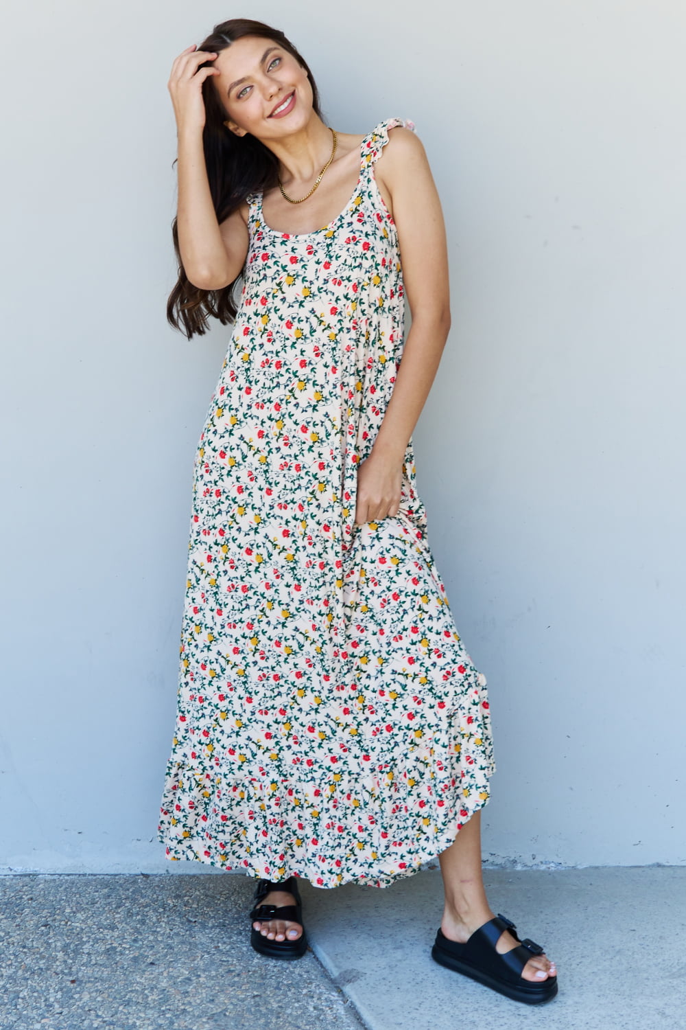 doublju in the garden ruffle floral maxi dress in natural rose