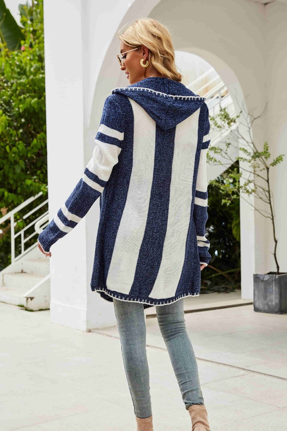 woven right striped open front hooded cardigan