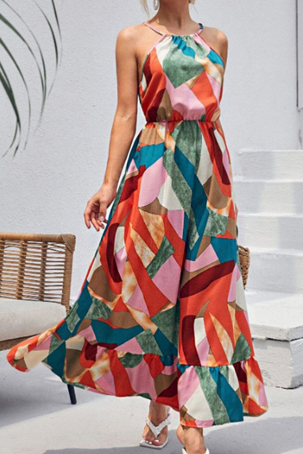 multicolored tied grecian neck maxi dress