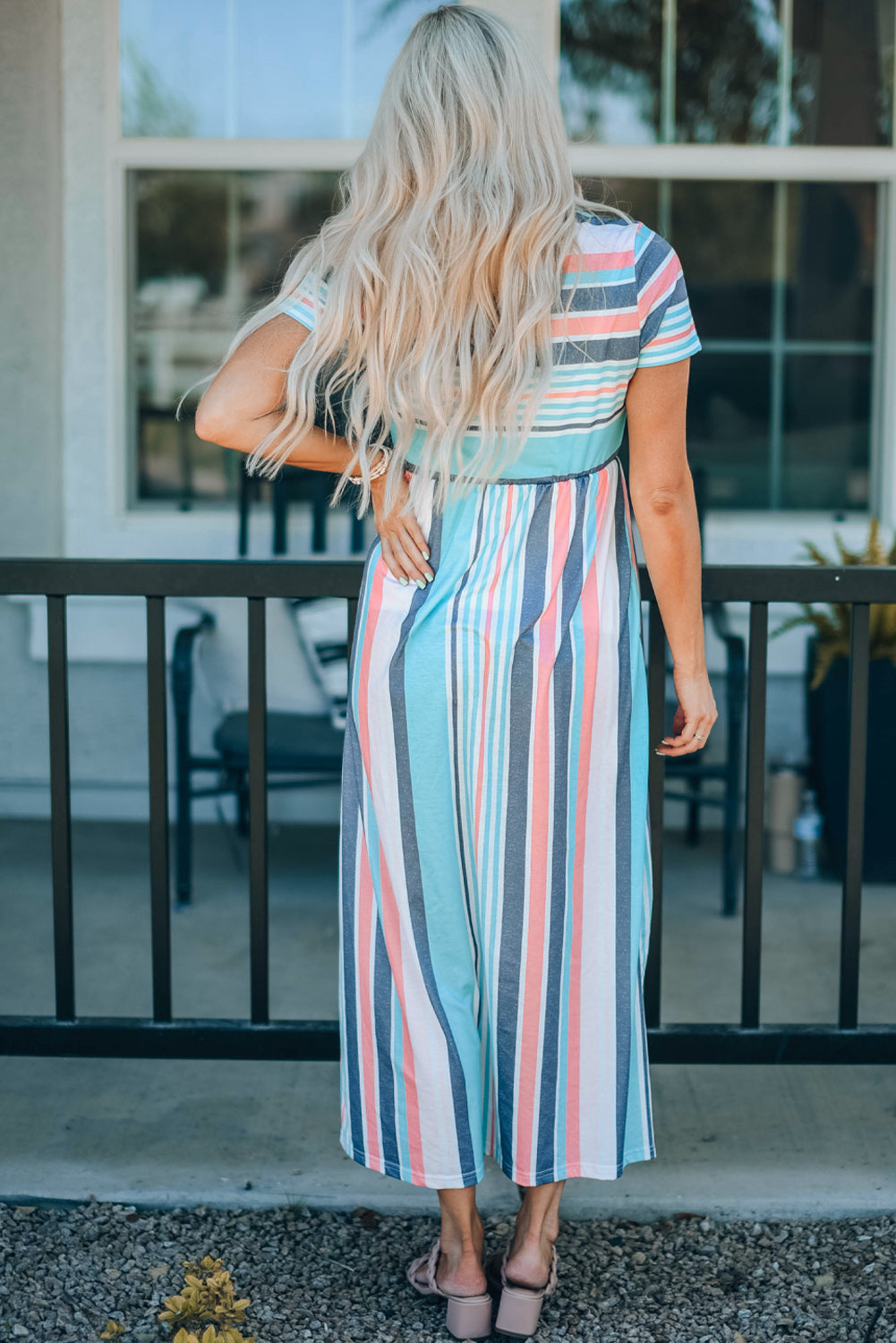 striped print high waist maxi dress