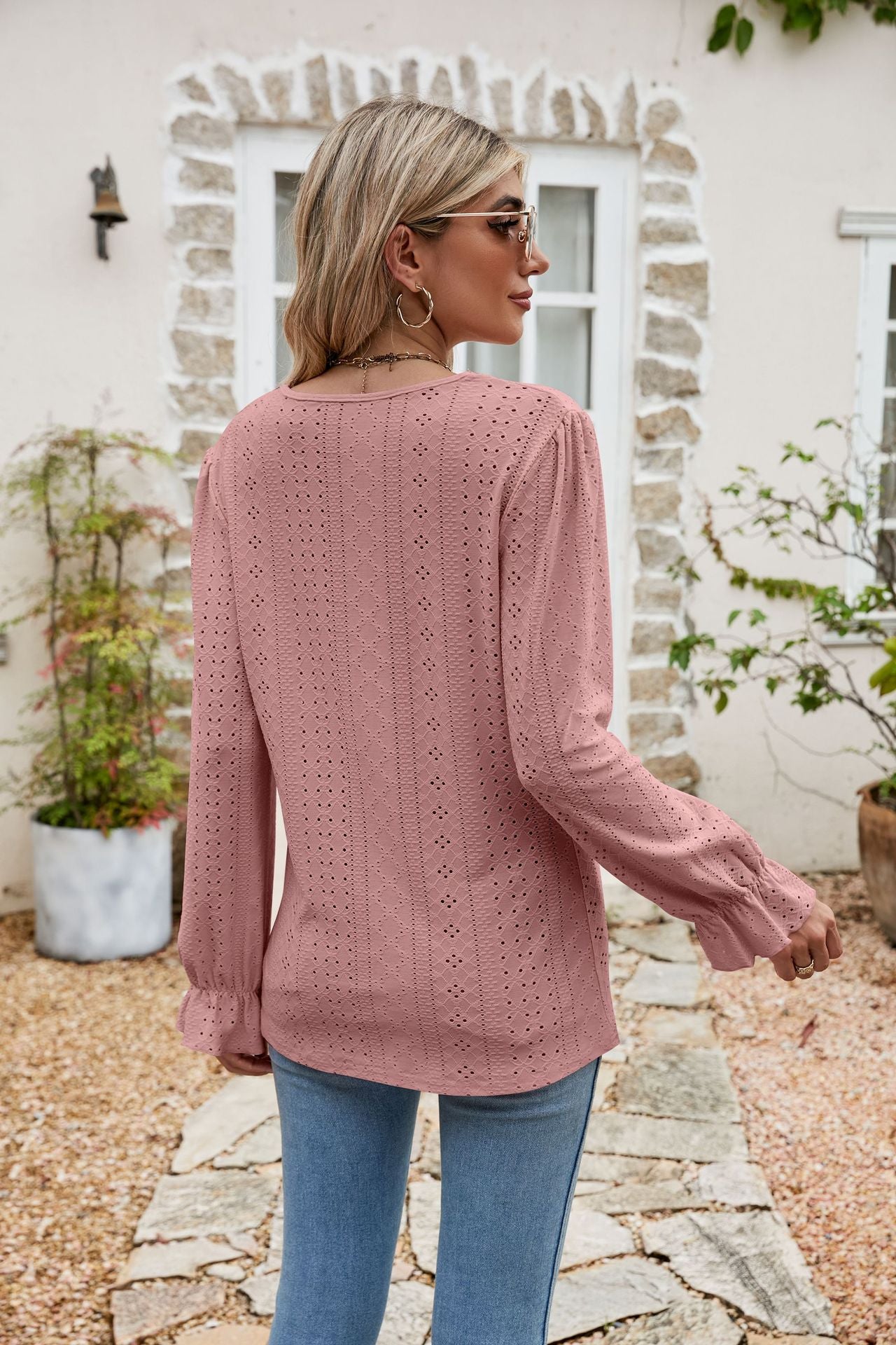 eyelet lace trim flounce sleeve blouse