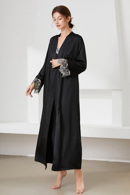 Contrast Lace Trim Satin Night Dress and Robe Set