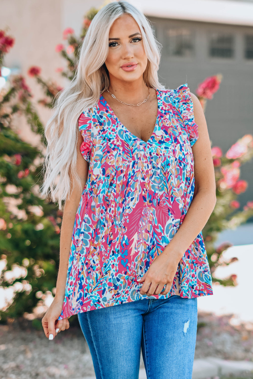 printed flutter sleeve v-neck top cf