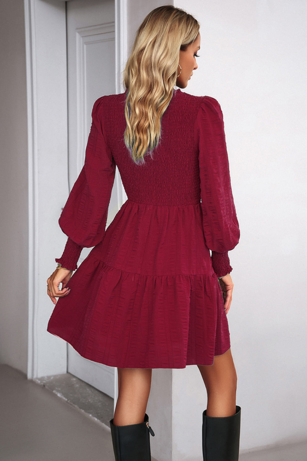 smocked lantern sleeve mini dress