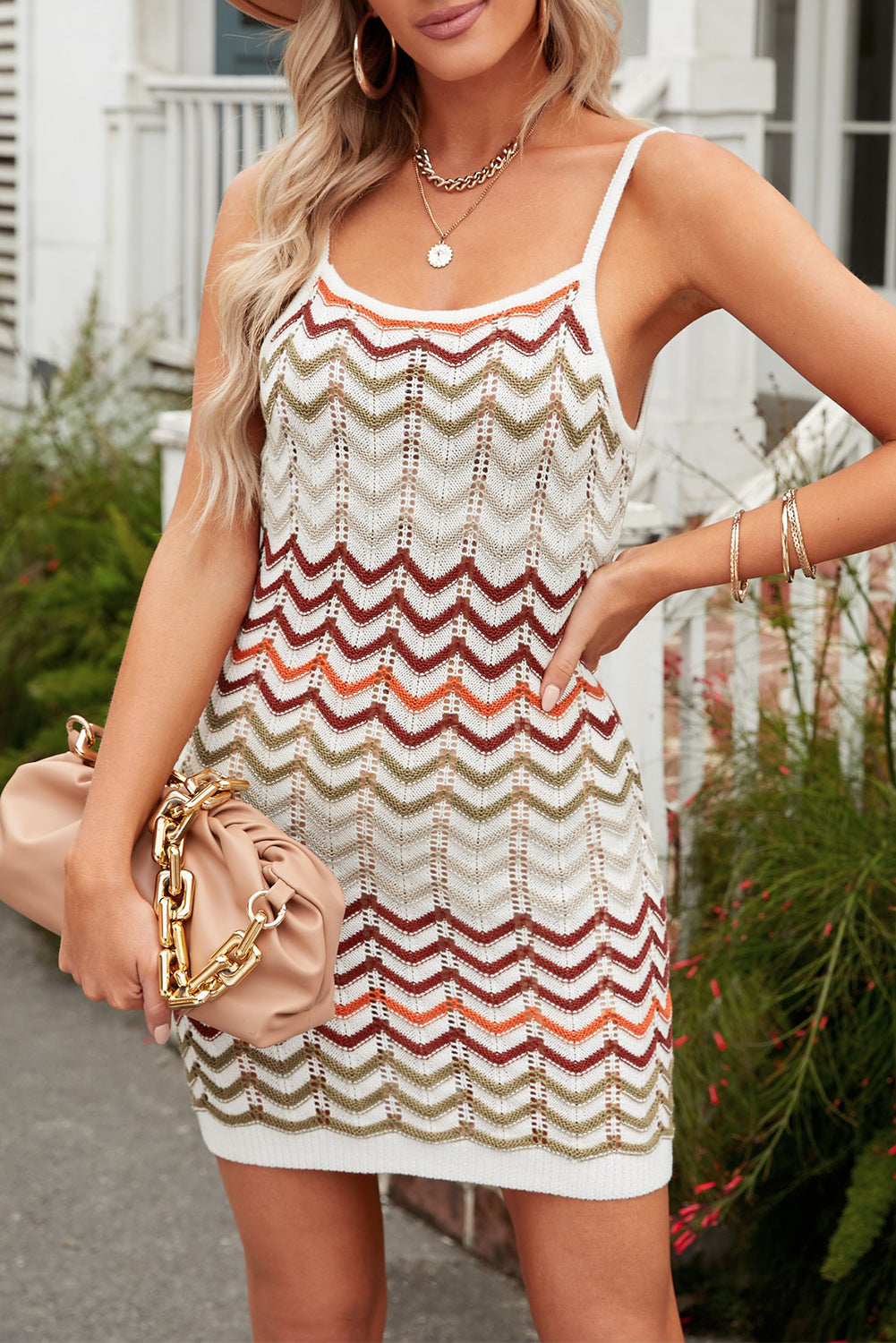 chevron stripe spaghetti strap knit dress