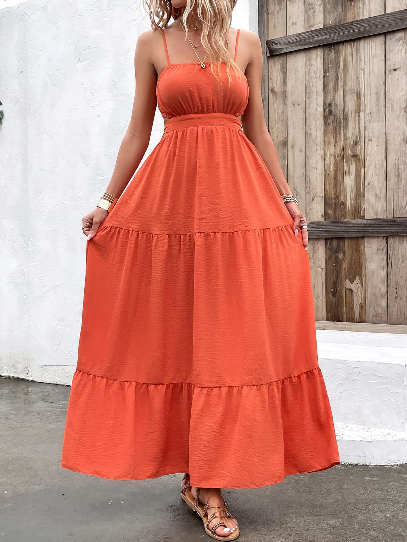 spaghetti strap cutout tie back maxi dress