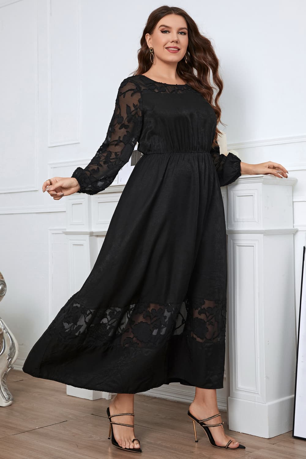 melo apparel plus size embroidery round neck long sleeve maxi dress