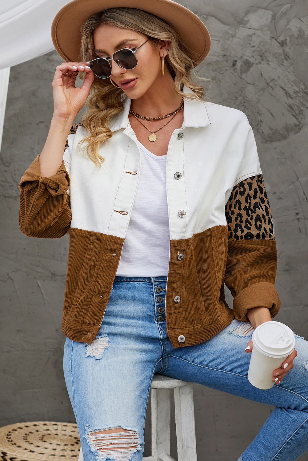 leopard color block button-up corduroy shacket
