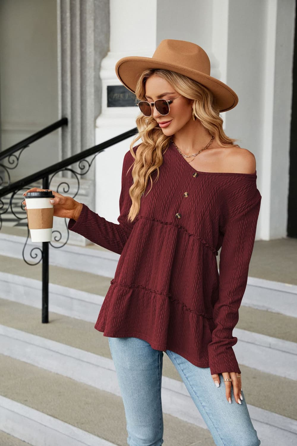 long sleeve v-neck cable-knit blouse