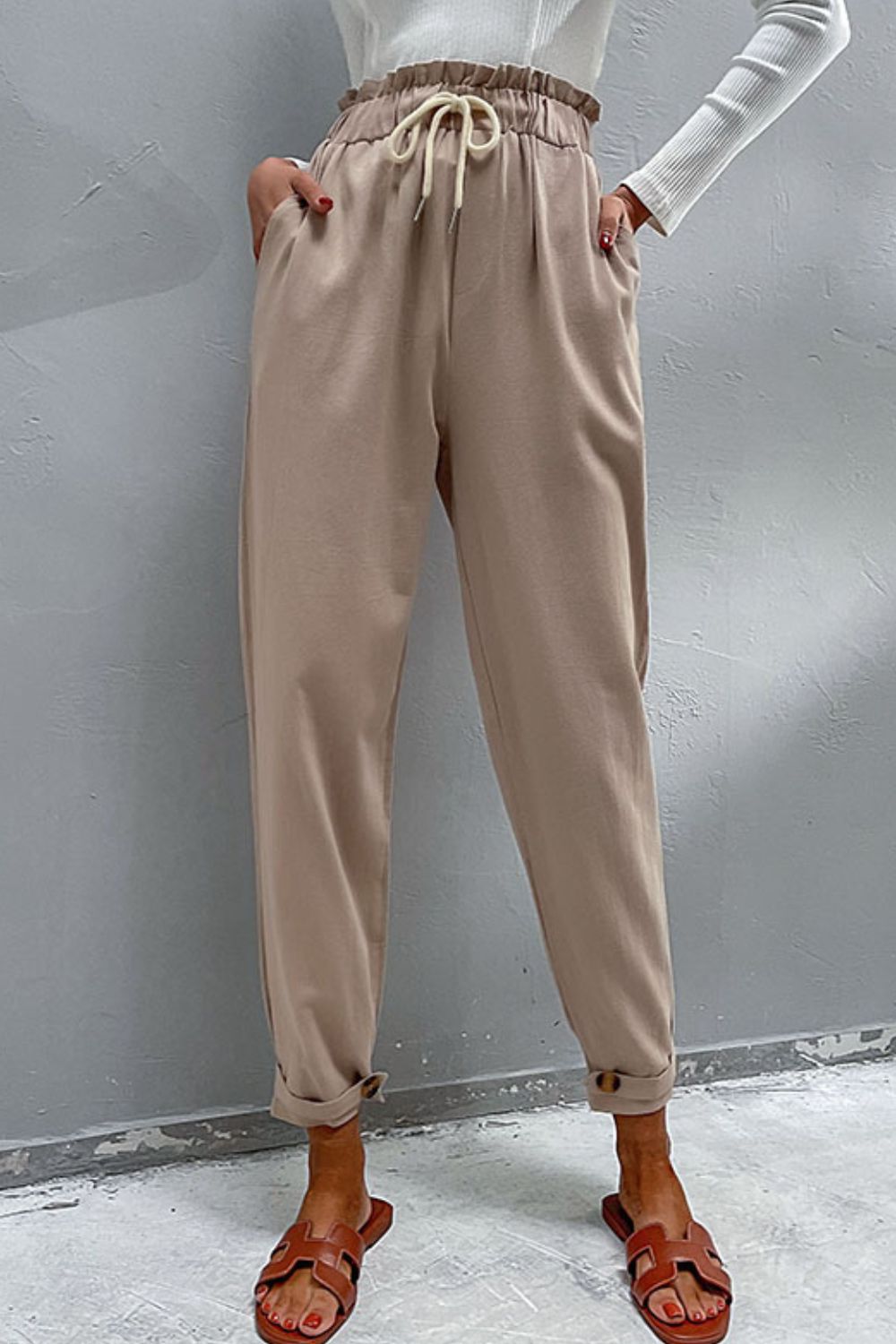 drawstring paperbag waist button detail pants