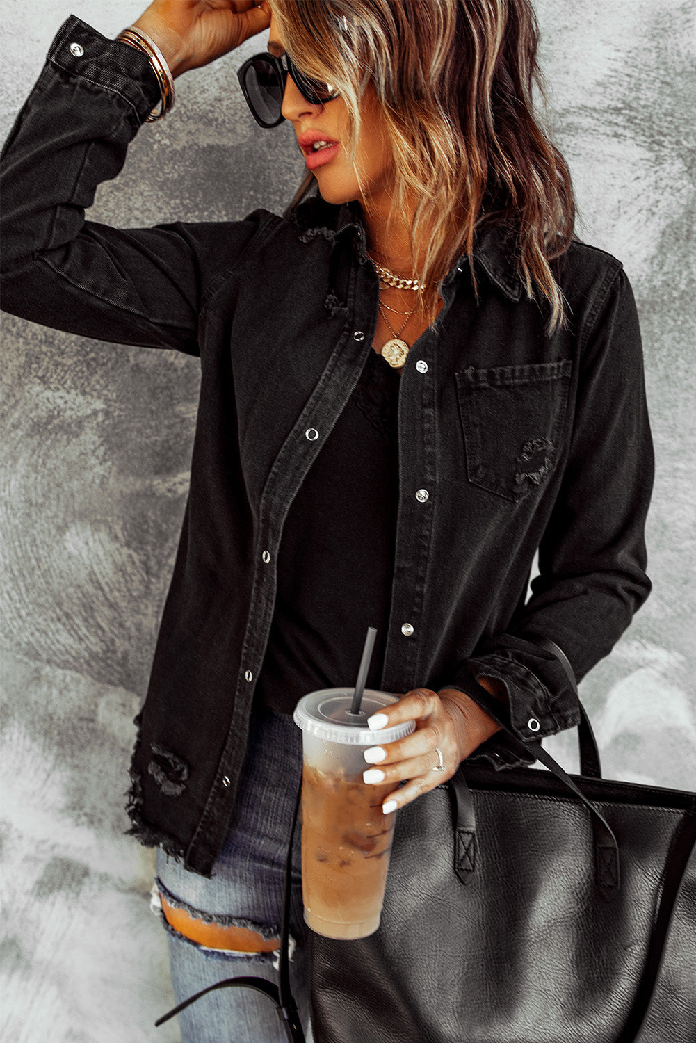 distressed snap down denim jacket