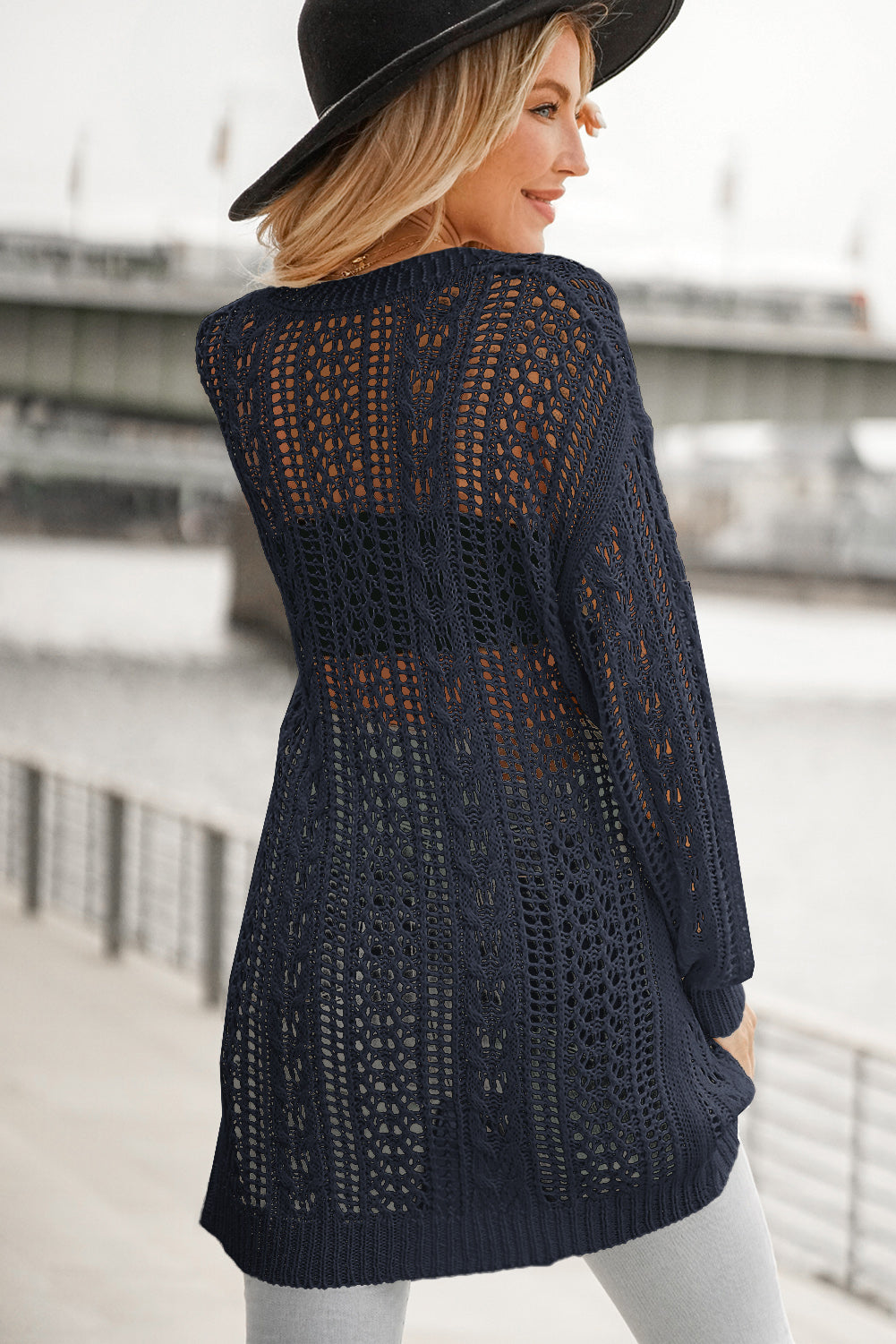 double take openwork ribbed cuff longline cardigan