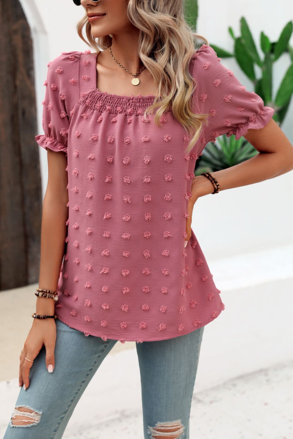 swiss dot puff sleeve square neck blouse