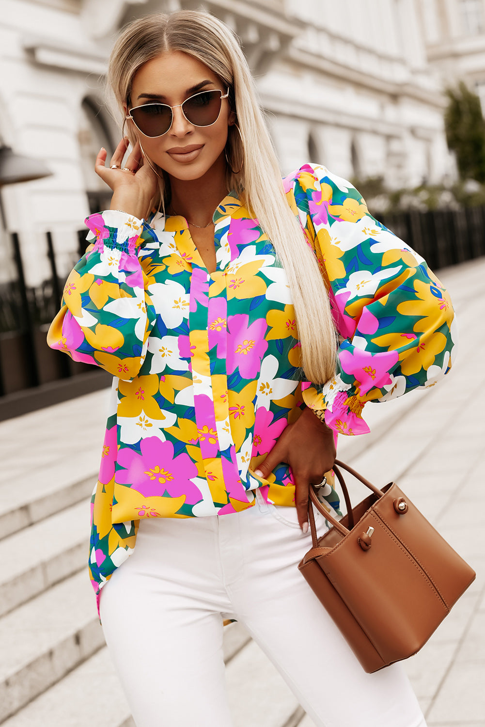 floral print notched neck lantern sleeve blouse