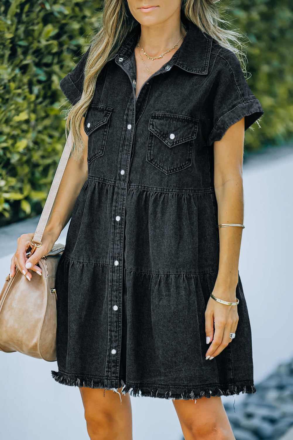 button front raw hem denim dress