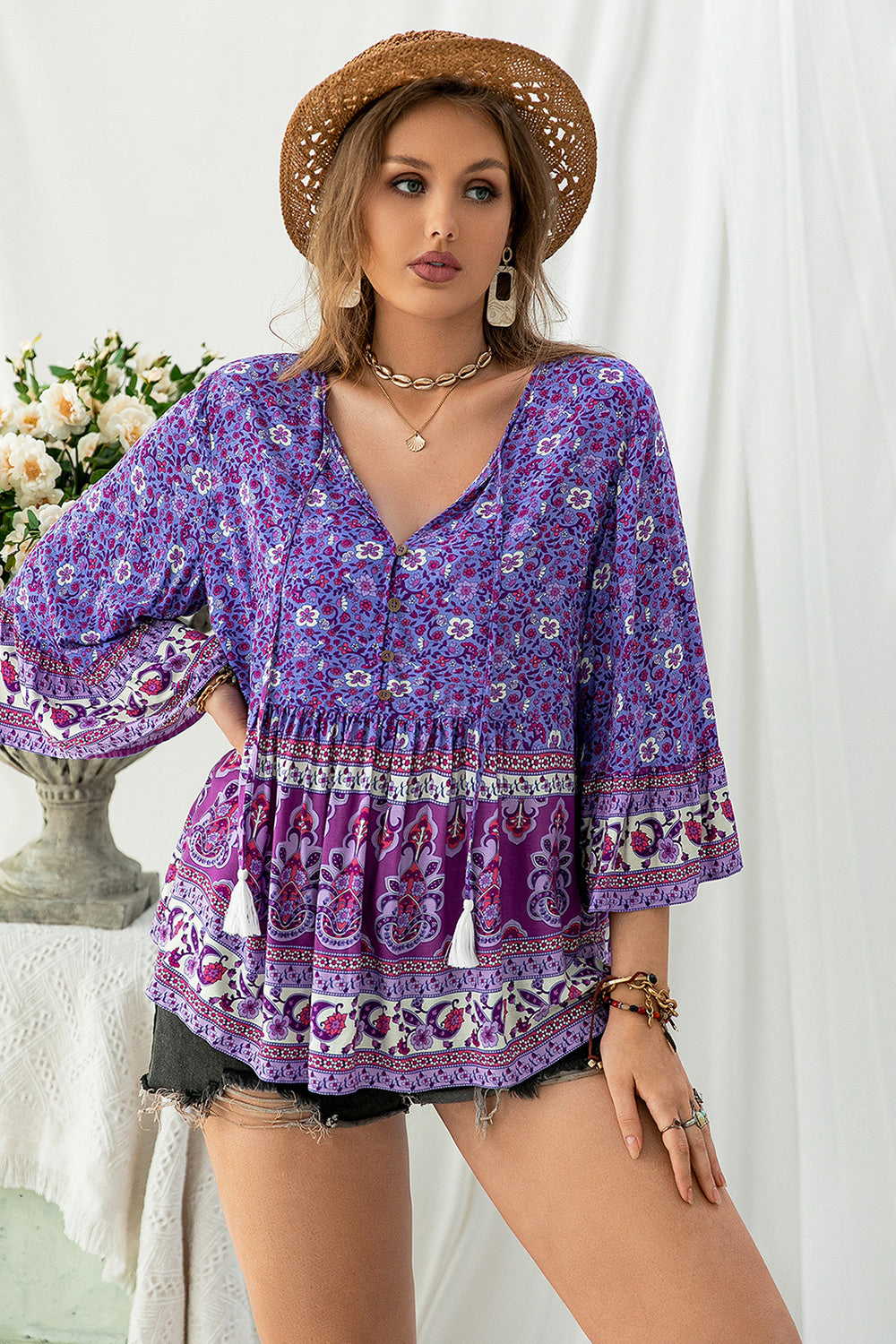 plus size floral tassel tie blouse