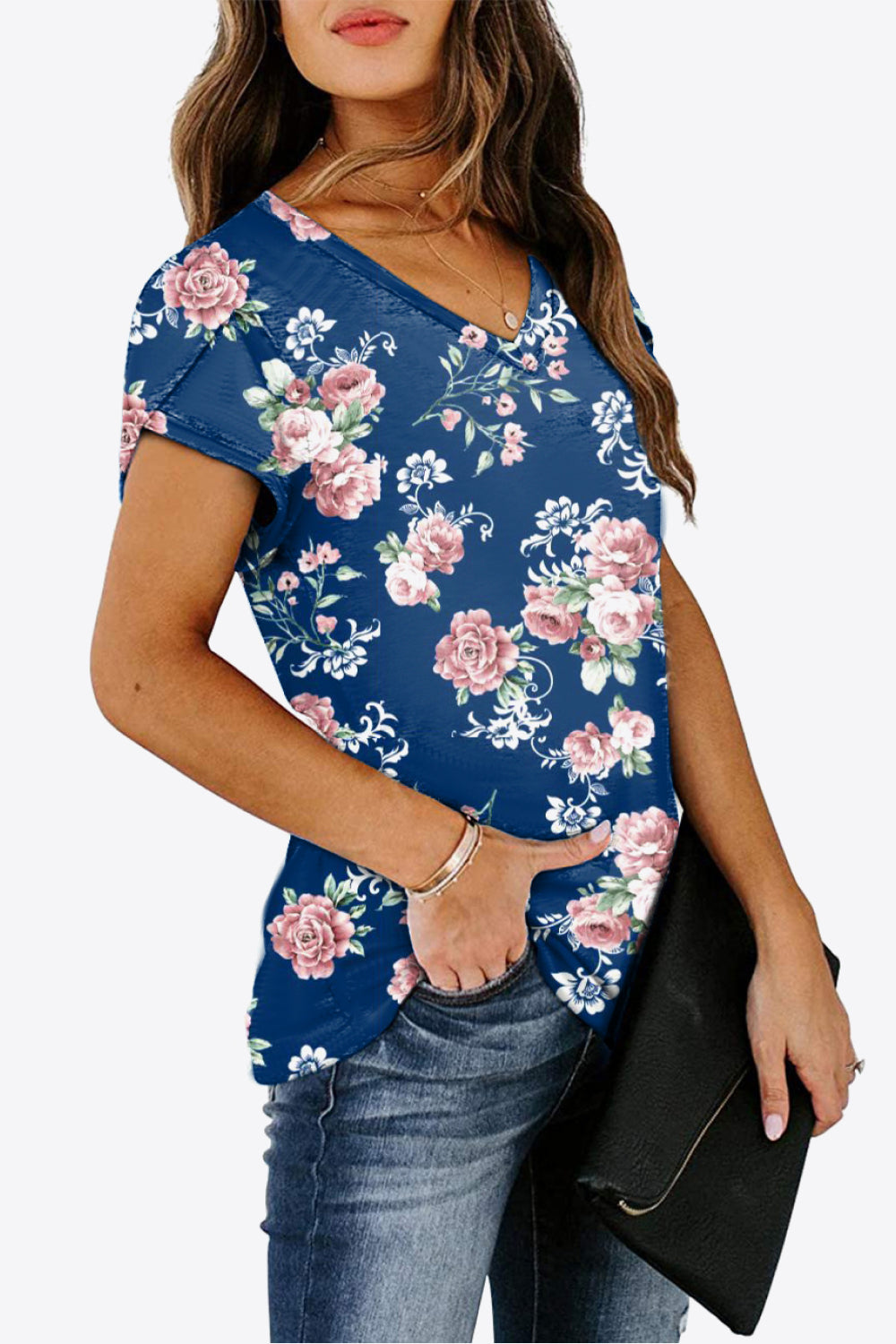 printed petal sleeve v-neck blouse