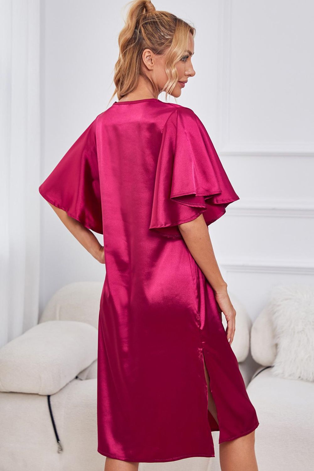 satin flutter sleeve side slit v-neck night dress