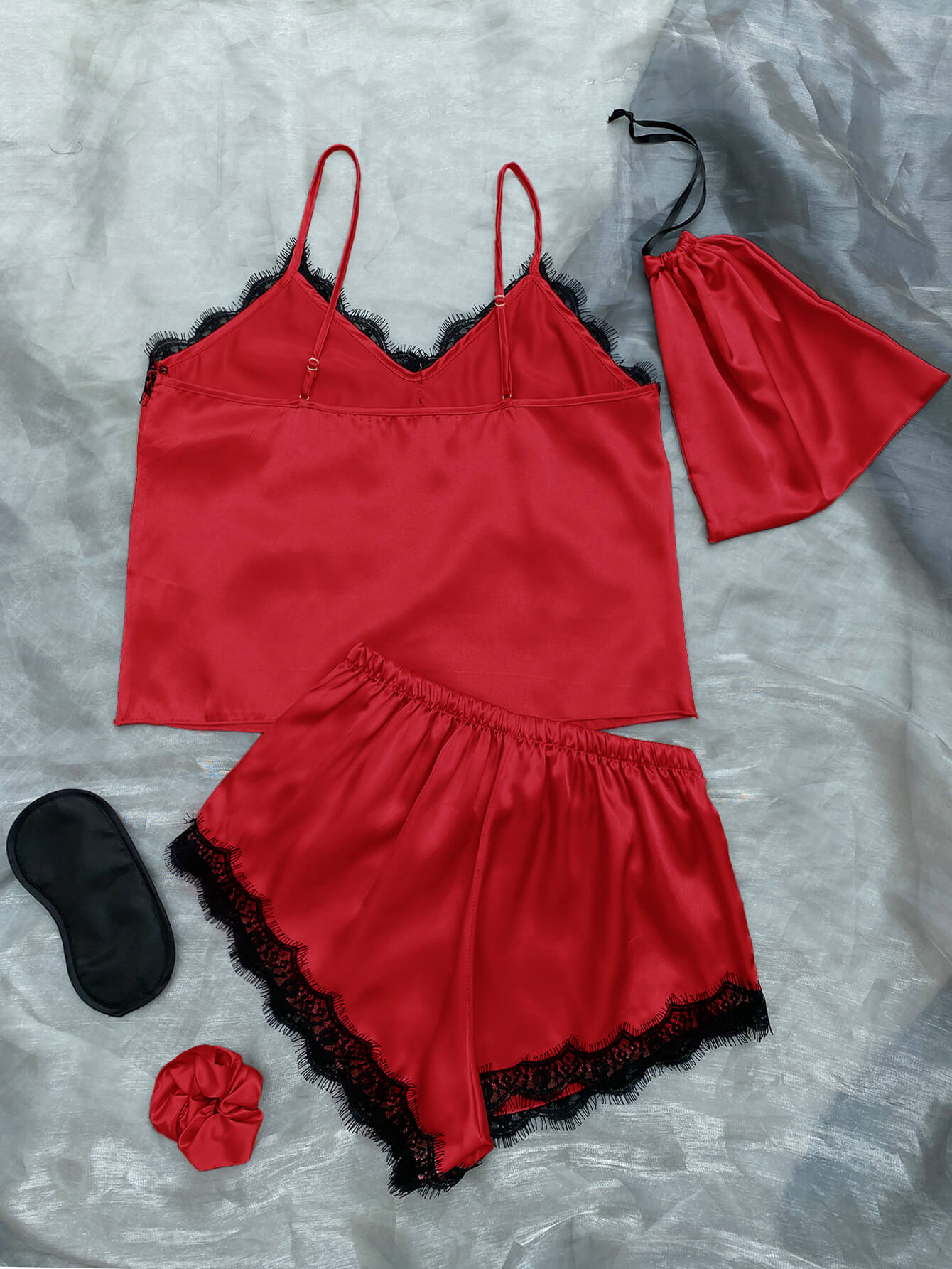 lace trim cami, shorts, eye mask, scrunchie, and bag pajama set