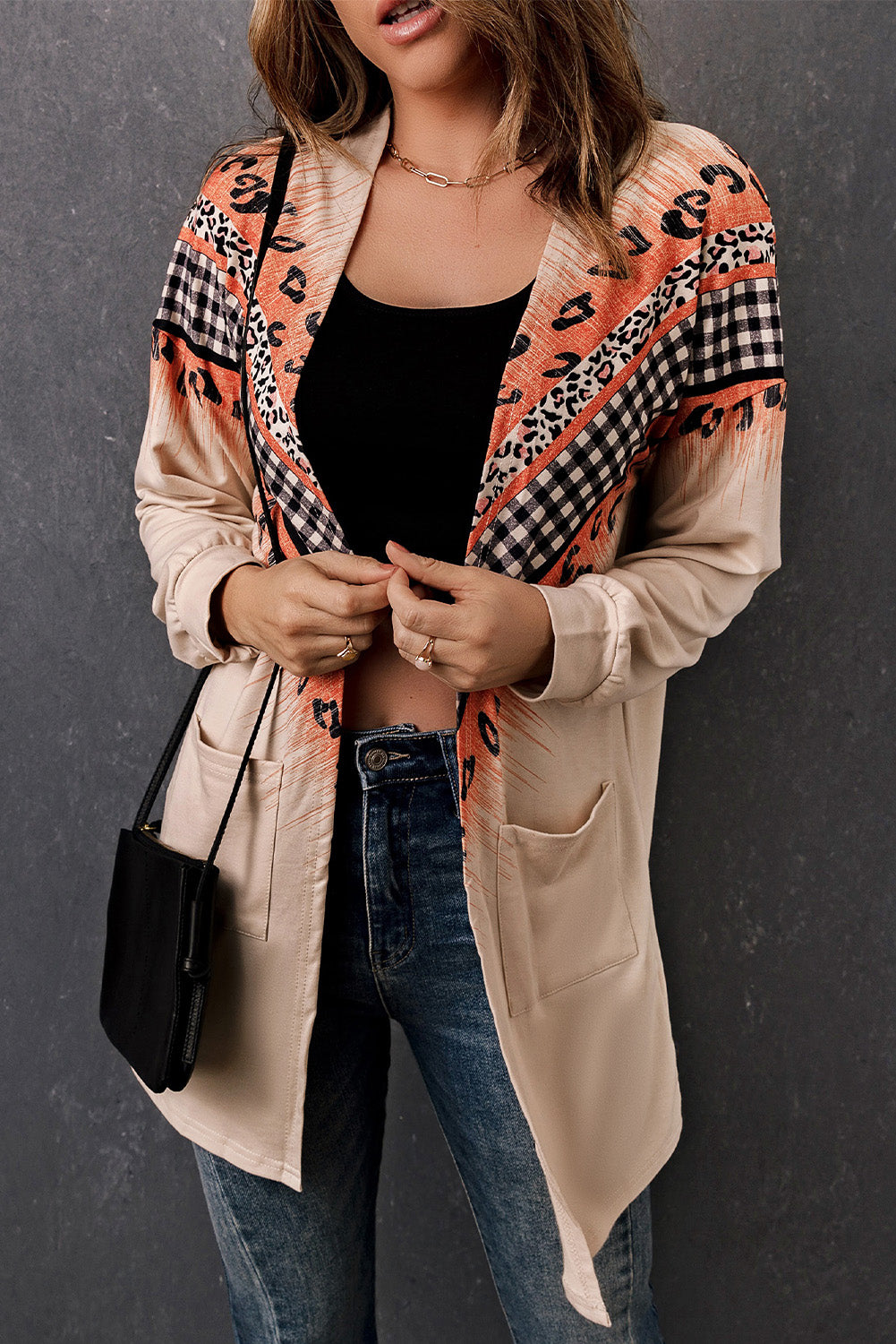 double take leopard plaid open front longline cardigan with pockets