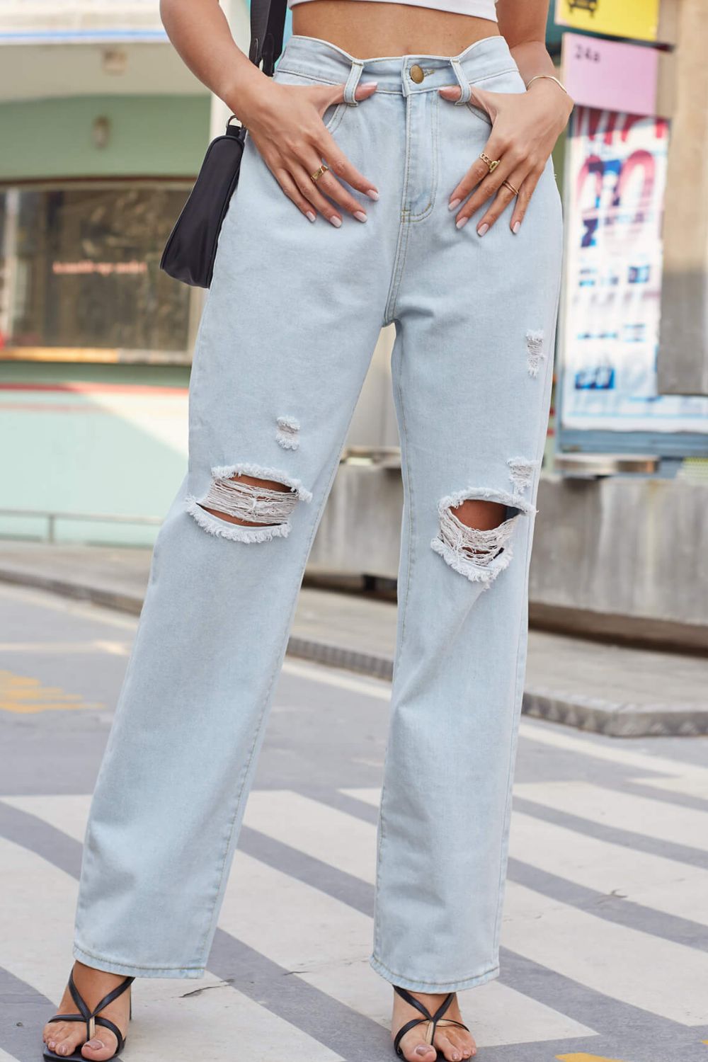 baeful distressed straight leg jeans with pockets